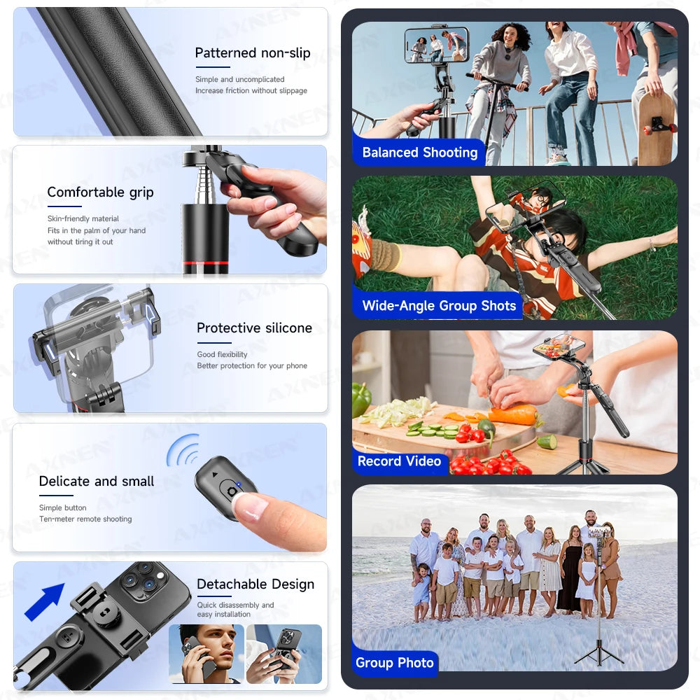 Perche à selfie trépied 1708mm avec télécommande Bluetooth — rotation 360°, interface 1/4", lumière optionnelle