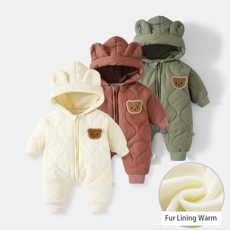 Baby Winter Outerwear, Fur Lined, Warm Infant Romper, Girl and Boy Cartoon Bear Jumpsuit