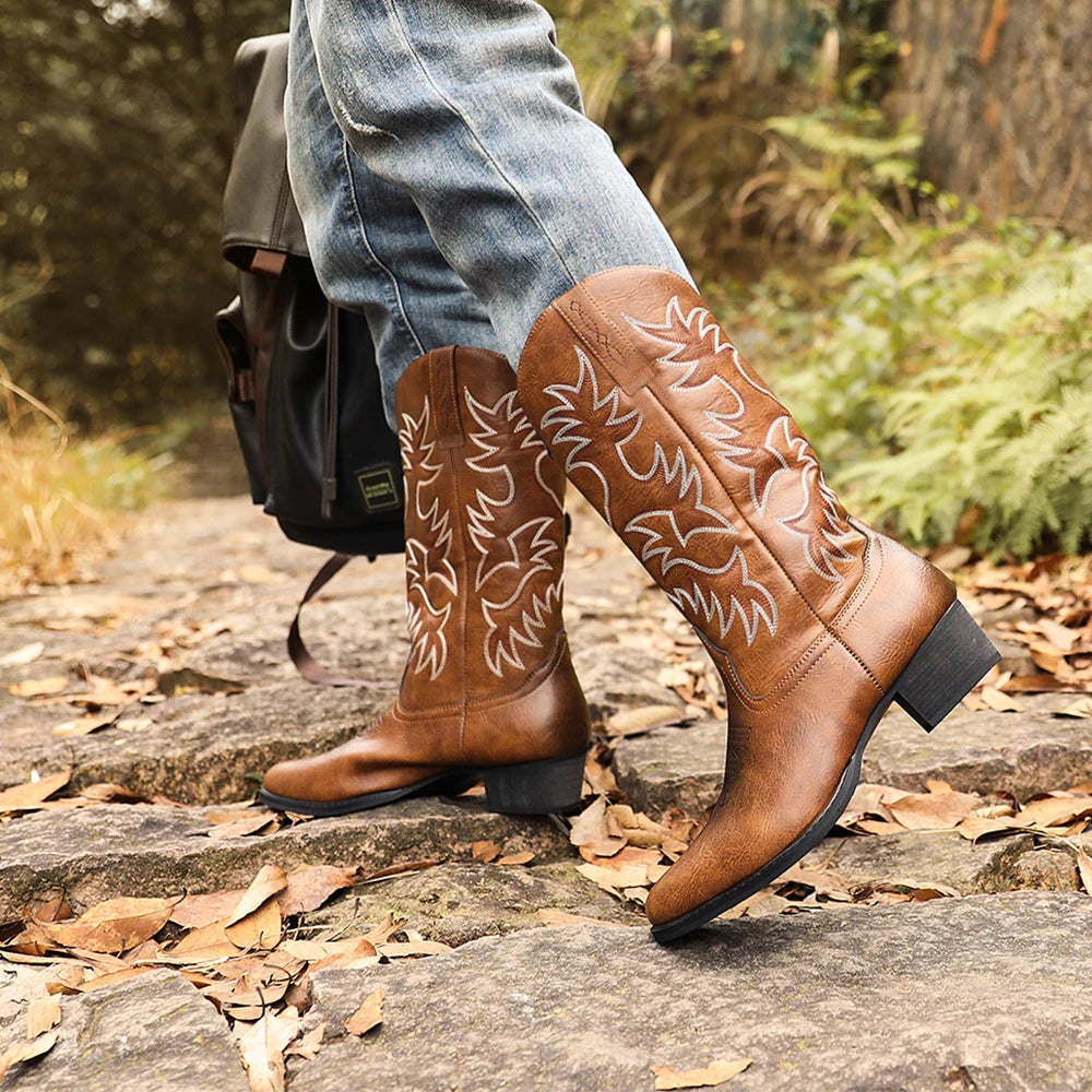 Mioeert Men's Heritage Round Toe Wooden Heel Embroidered Western Cowboy Boots Zapatillas Hombre Luxury Men's Shoes