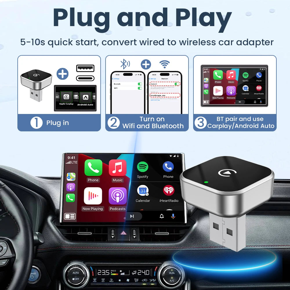 PLAYAIBOX Inalámbrico 2 en 1 CarPlay Android Auto Inalámbrico Supermini Box Adaptador Plug And Play Dongle Bluetooth WiFi Conexión Rápida