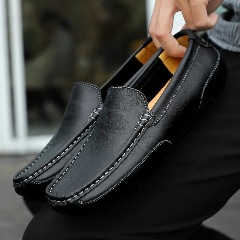 Mocasines transpirables de cuero genuino, mocasines casuales, zapatos de cuero para hombre sin cordones, zapatos planos italianos formales para conducir
