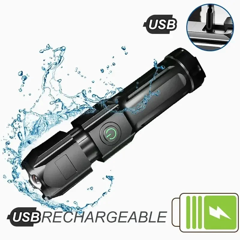 Linterna LED potente, recargable por USB, batería de litio integrada, resistente al agua, con zoom, para pesca, caza, camping, linterna táctica