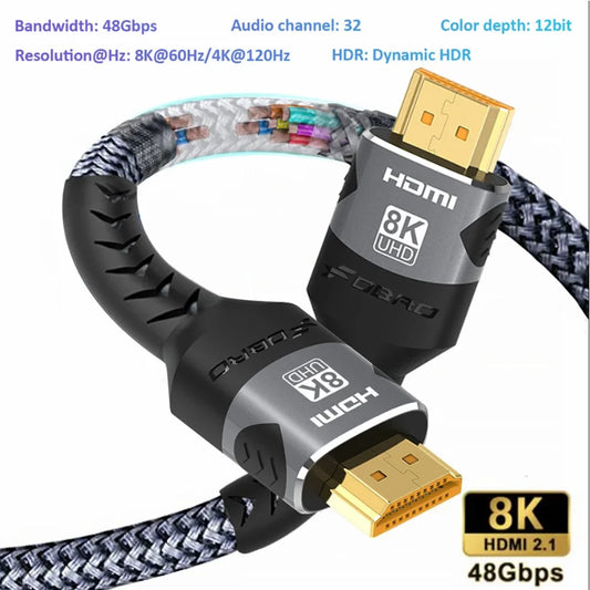 Câble HDMI 8K 2.1 48Gbps tressé haute vitesse — 4K@120Hz, 8K@60Hz, HDR, ordinateur portable, TV