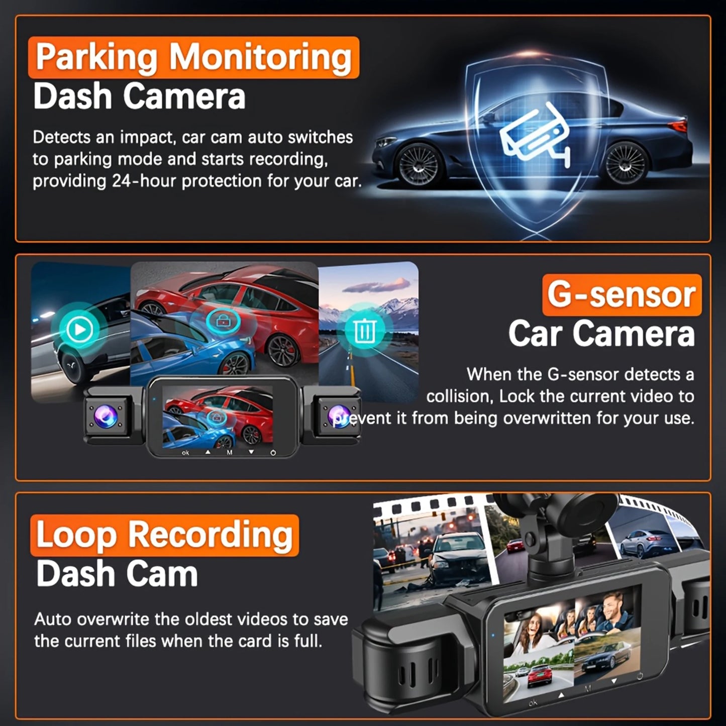 Dashcam 4 Canaux WiFi Boîte Noire — FHD 1080P Vision Nocturne Enregistrement Boucle