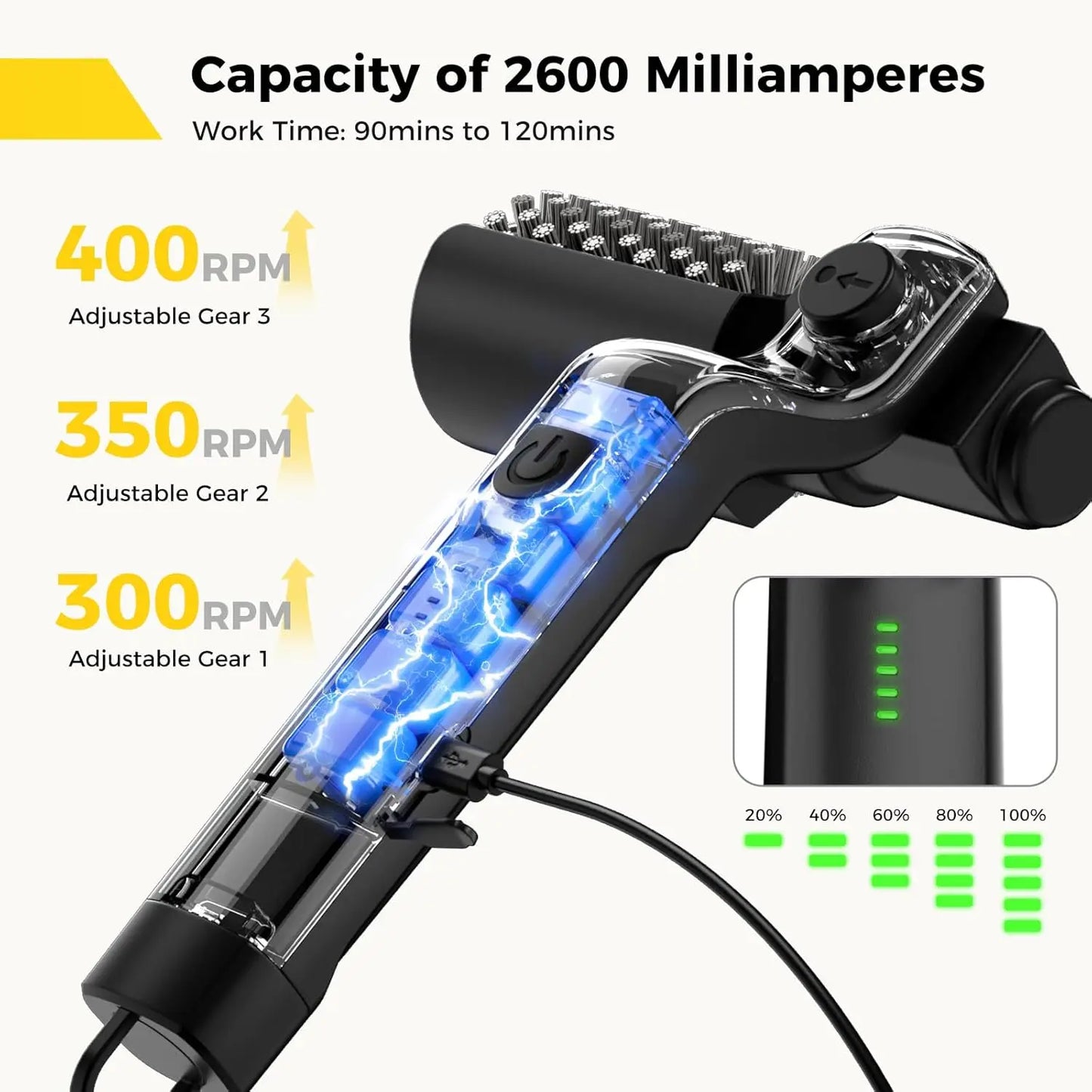 Brosse de nettoyage de barbecue rotative électrique sans fil en acier inoxydable, contrôle de puissance à 3 vitesses pour accessoires de barbecue d'extérieur