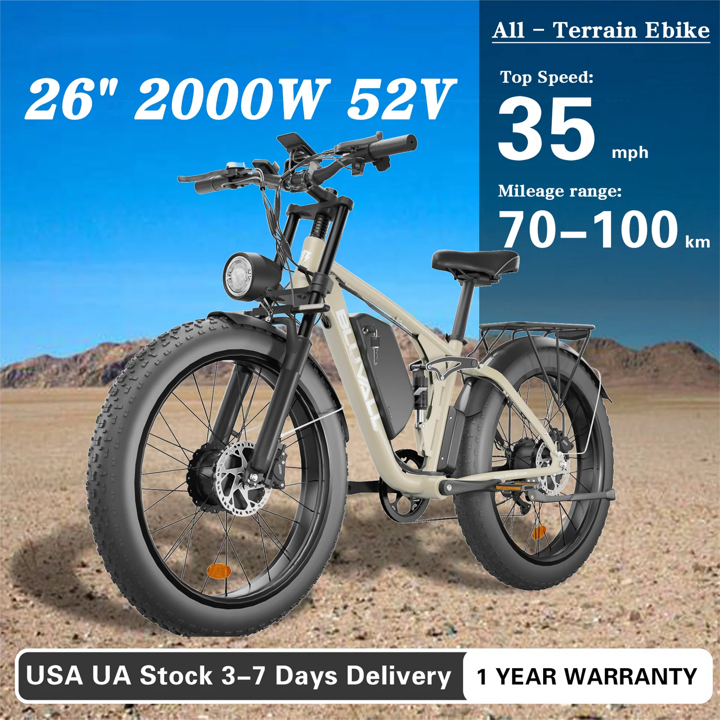 Bicicleta eléctrica todoterreno MOOBELO V1 2000W para adultos, batería de 52V 22.4AH, neumáticos anchos, impermeable, lista para la nieve y la playa, entrega rápida