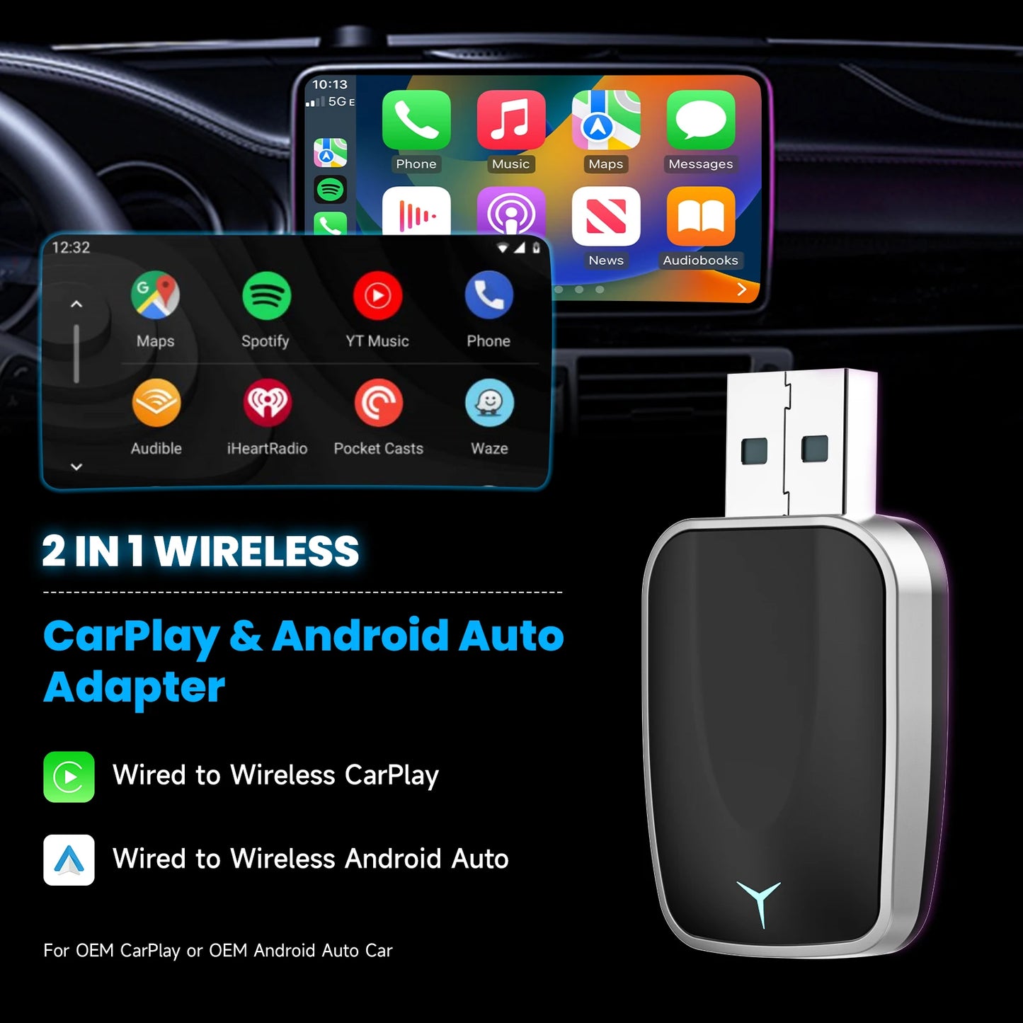Adaptador inalámbrico 2 en 1 de CarPlay con cable a inalámbrico y adaptador inalámbrico Android Auto Plug & Play