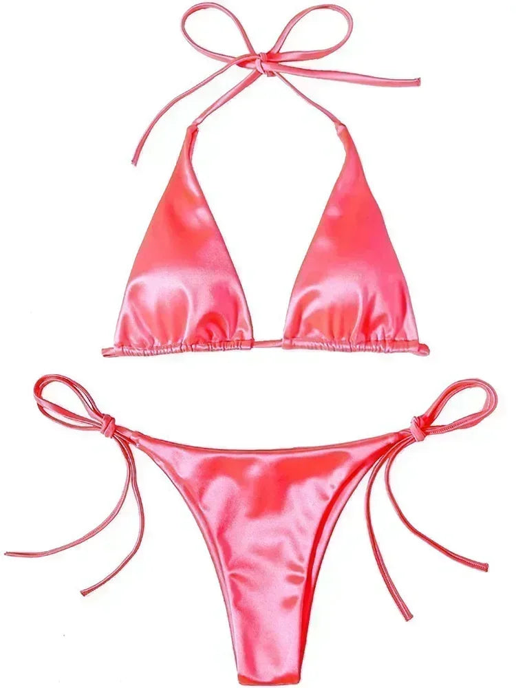 Licou brésilien métallique Satin Bikini femmes maillots de bain femme maillot de bain deux pièces Bikini ensemble coupe haute maillot de bain maillots de bain