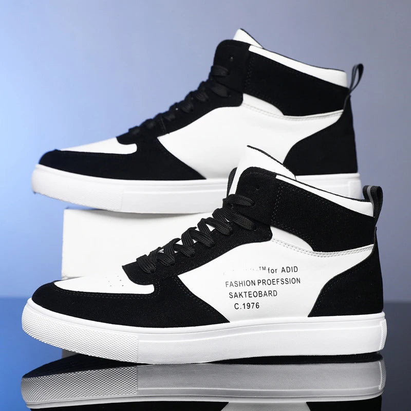 Men's Leather Skateboard Shoes, High-Top Sneakers, Casual Sports Shoes, Street Shoes, Flat Walking Shoes