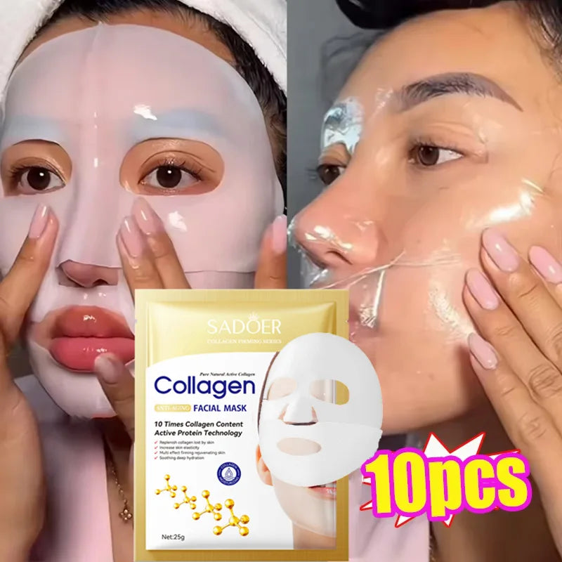 Collagen Anti-Wrinkle Facial Mask, 10 Pieces, Anti-Aging, Fades Fine Lines, Firms Skin, Moisturizing, Brightening, Skincare, Korean Cosmetics