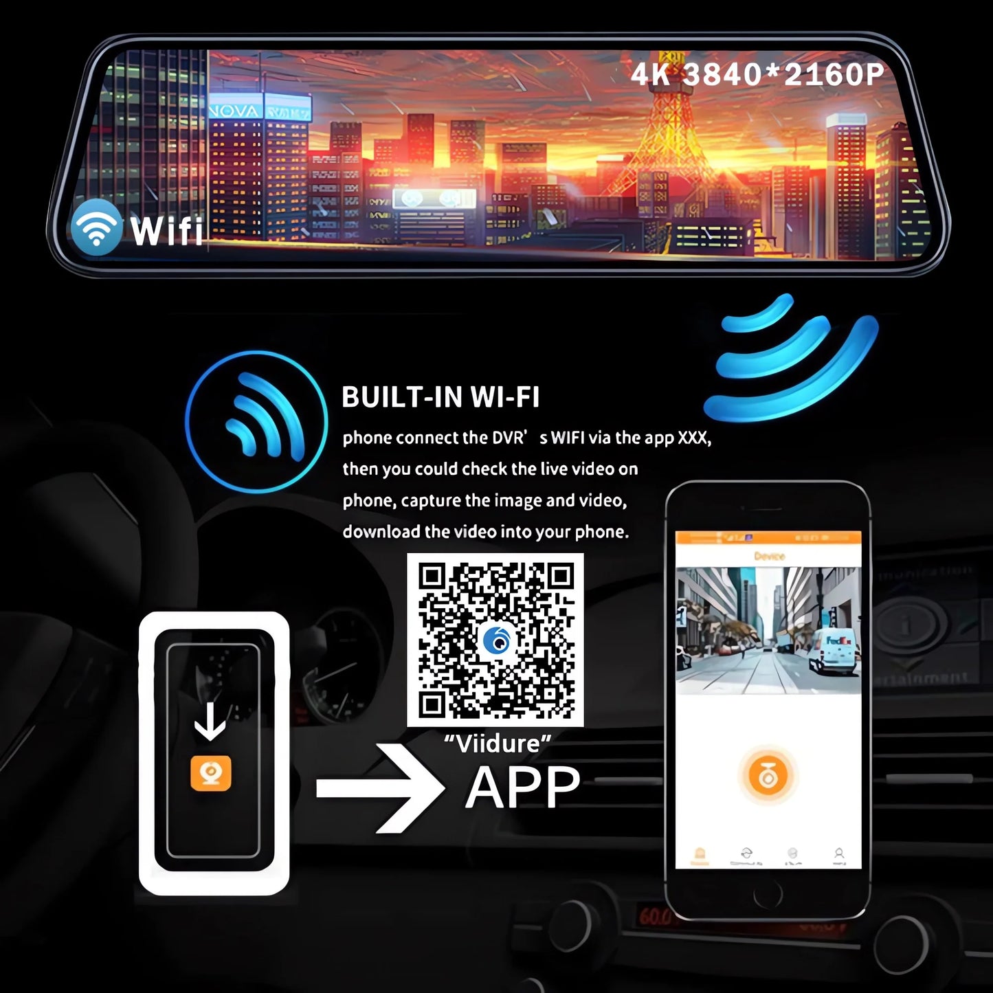 Dashcam Rétroviseur 4K 10" GPS WiFi — Double Lentille IPS Enregistreur Flux