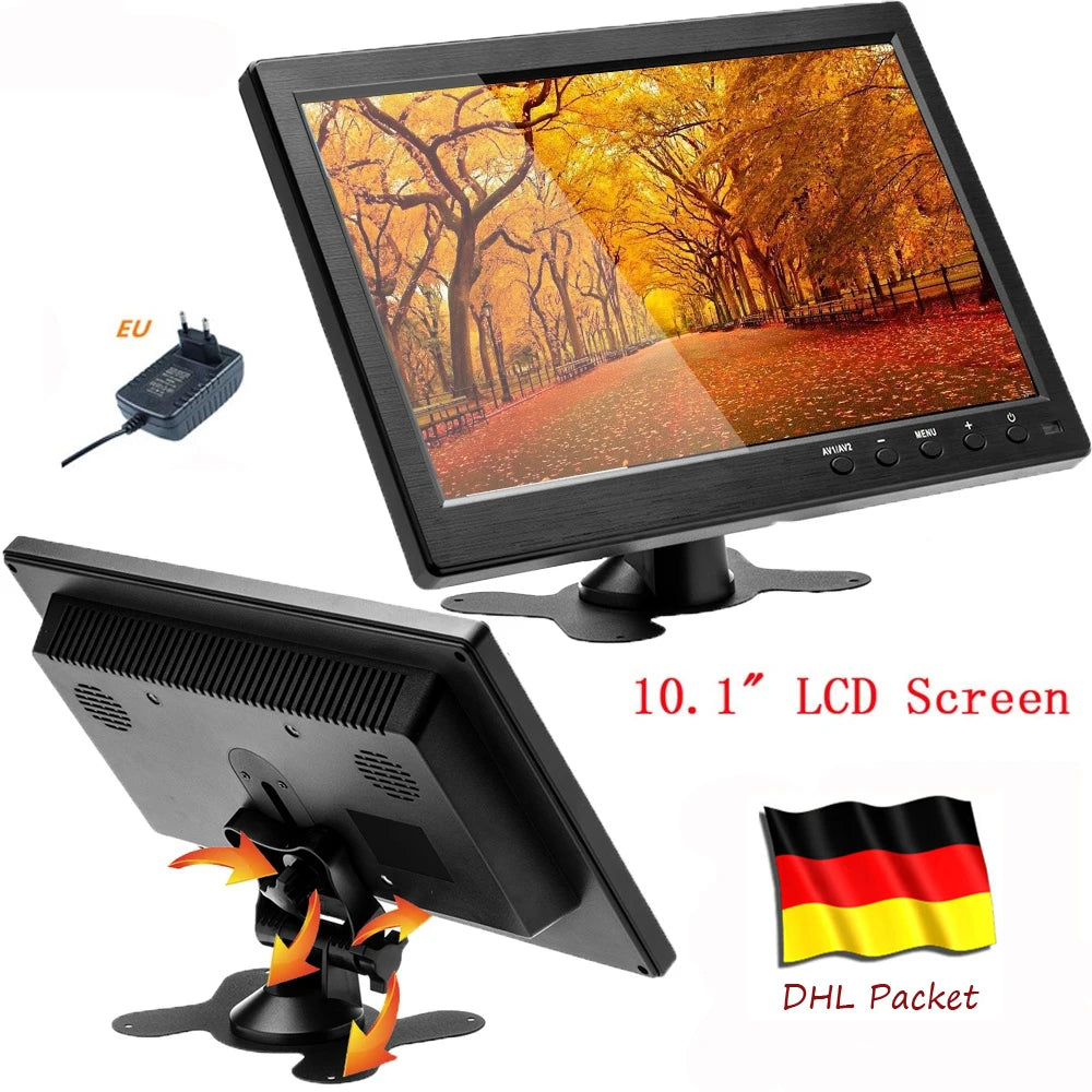 Podofo Monitor de coche LCD HD de 10.1" 1024*600, mini TV, monitor LCD de pantalla digital con HDMI/VGA/AV/USB/SD/TV/reproductor de DVD para vigilancia