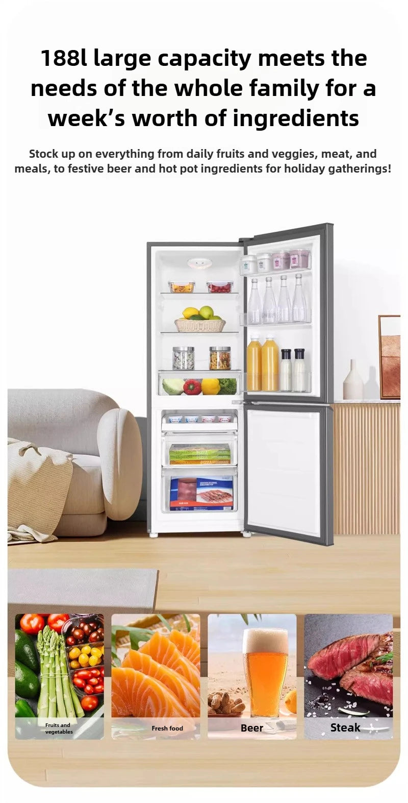 Refrigerador de primera clase, de bajo consumo energético, sin escarcha, congelador de gran capacidad de doble puerta, refrigerador para habitaciones de alquiler Z