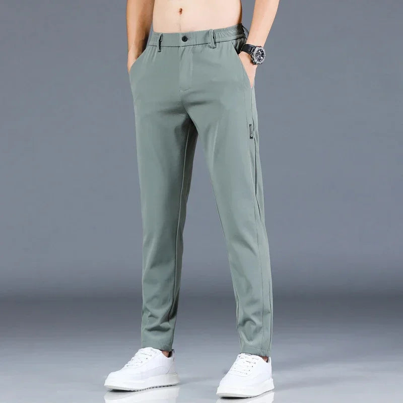 Pantalón fino de seda helada para hombre, elástico, informal, de cintura elástica, liso, ropa de marca, 5 colores, nueva colección de verano 2024