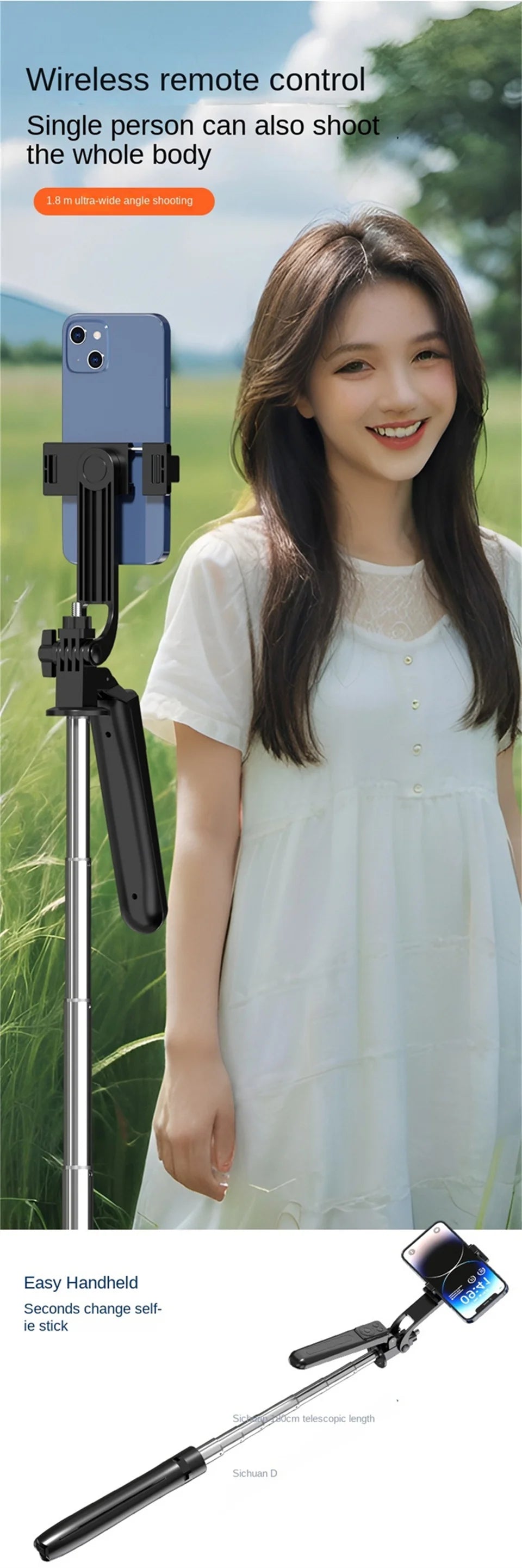 Roreta — Perche à Selfie Trépied 1.8m Télécommande Bluetooth iPhone & Android