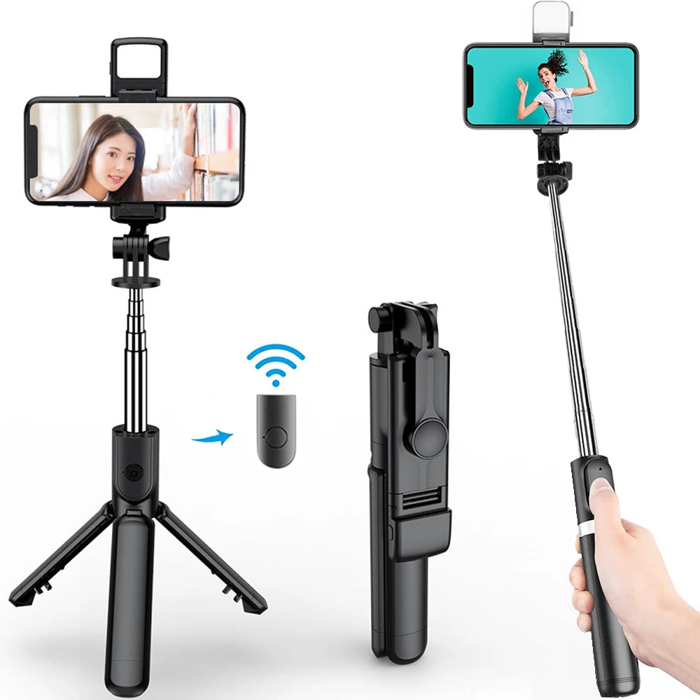 3-in-1 Bluetooth Wireless Selfie Stick Tripod, with Fill Light Shutter Remote Control, Portable Foldable Monopod for iPhone Smartphone