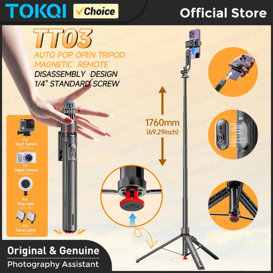 TOKQI TT03 — Perche à Selfie Extensible 1.76m Ouverture Auto Télécommande Magnétique