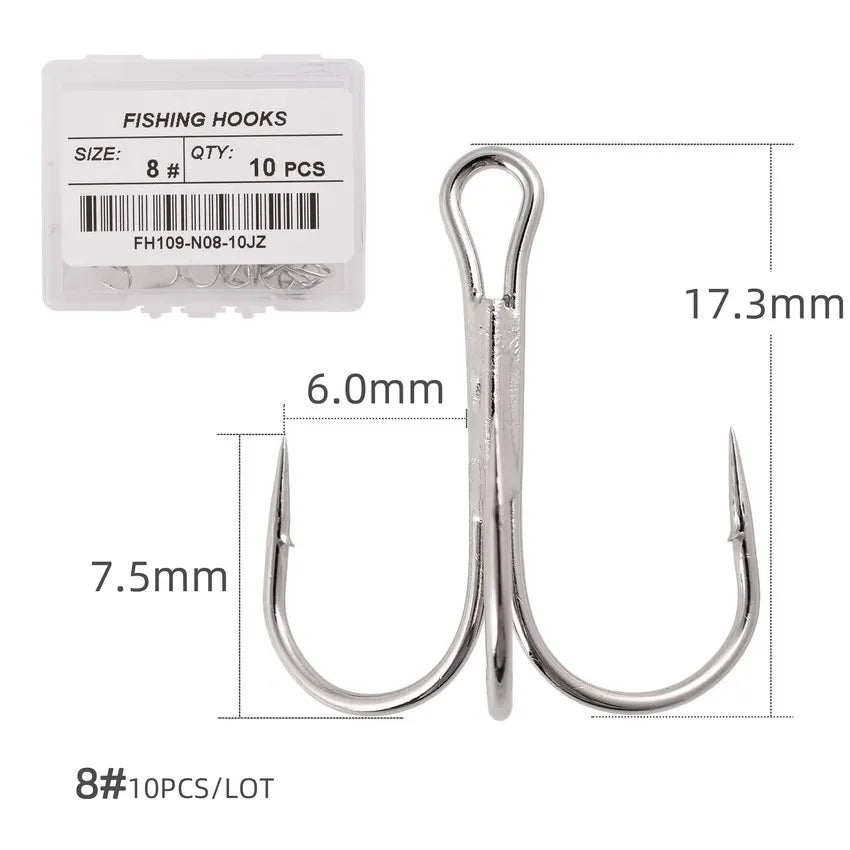 Hameçons triples de pêche aiguisés blancs, matériel de pêche au poisson, outils et accessoires, 10 pièces/boîte