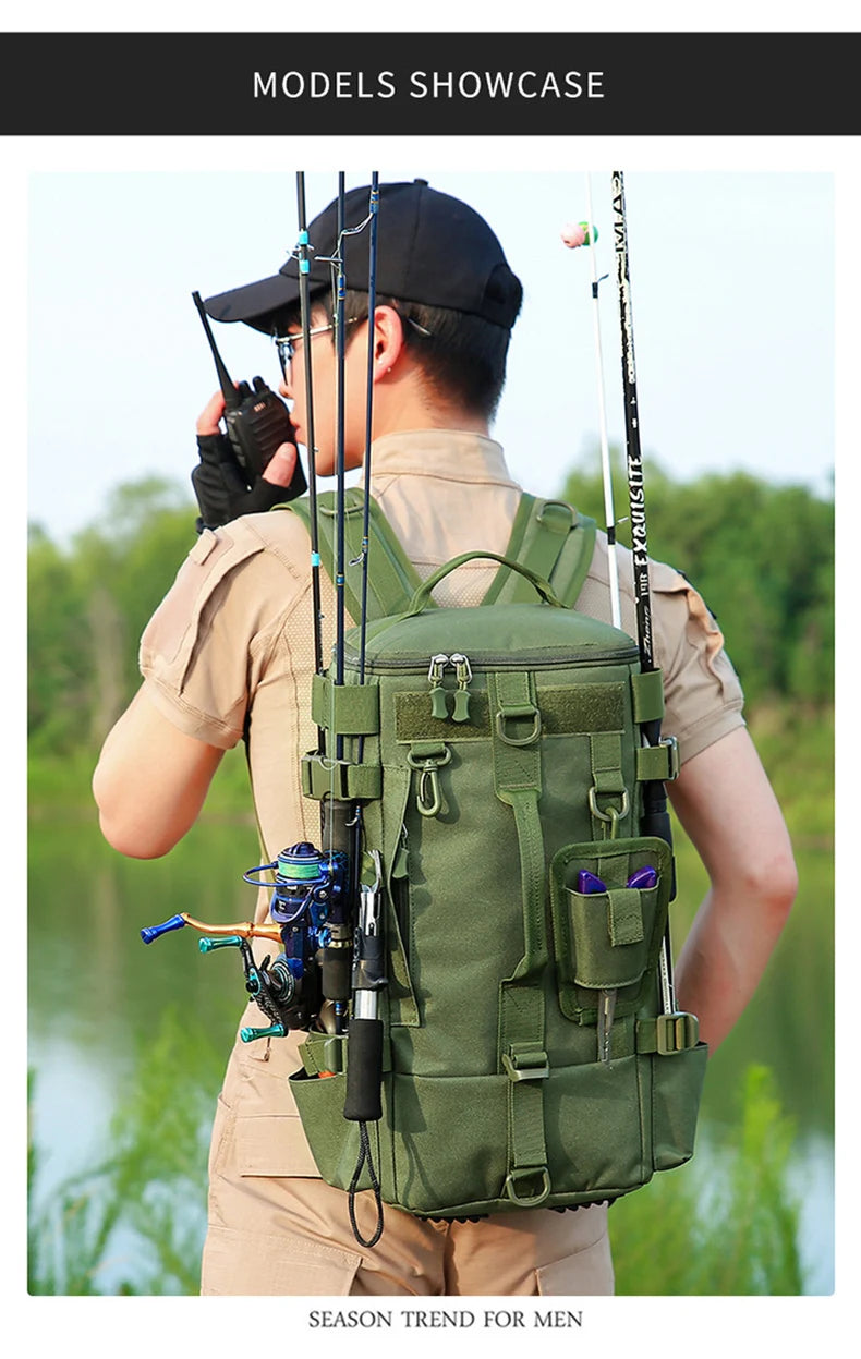 Sac à dos de pêche tactique, sac de matériel avec porte-canne, rangement d'équipement de poisson Molle Camping randonnée sac multifonctionnel en plein air