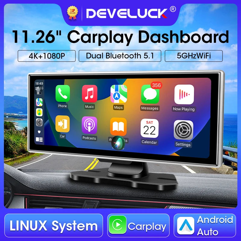 4K Car DVR Dash Cam 11.26" Dual Lens Wireless Carplay Android Auto Video Recorder GPS Navigation Monitor 5G Wifi FM AUX