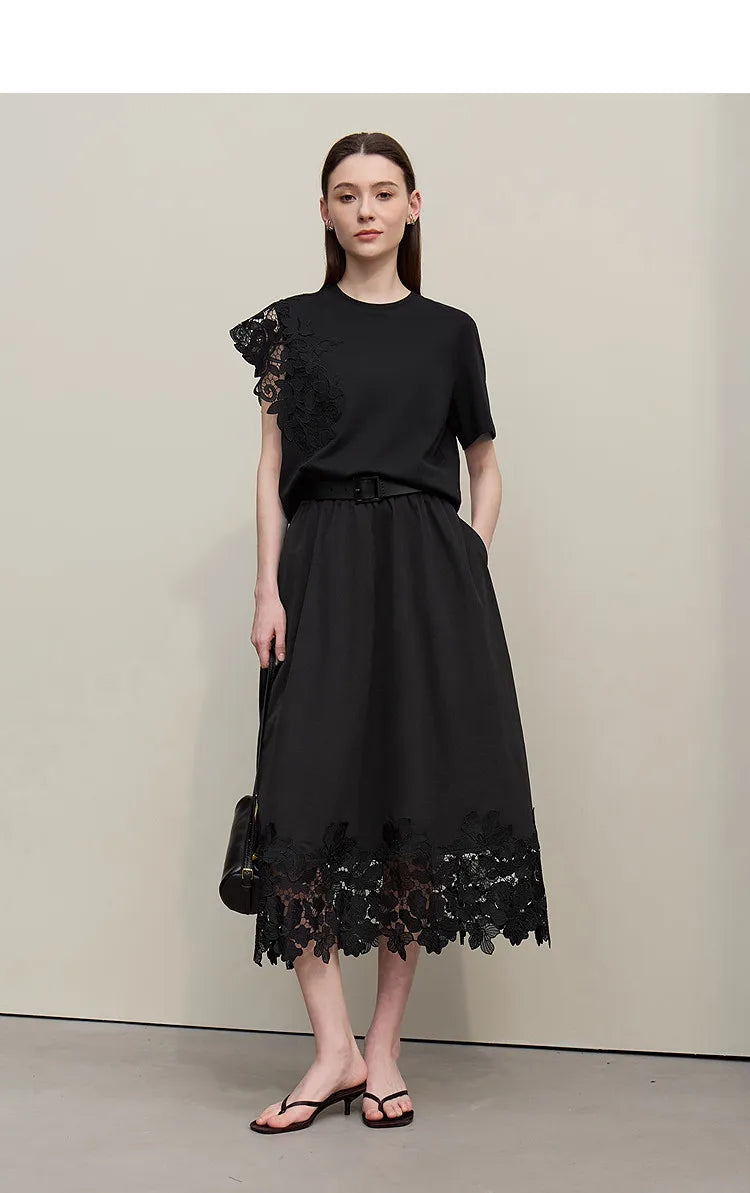 T-shirt femme 2026 été — col rond, coton, anti-transpiration, dentelle asymétrique, ample, manches courtes