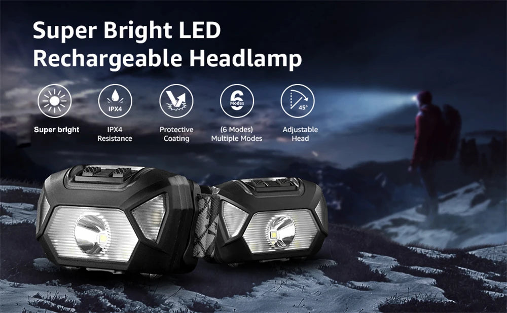 6 Modes Usb lampe frontale Rechargeable IPX4 étanche phares lampes de poche lampe frontale LED avec lumière rouge verte pour la pêche en plein air
