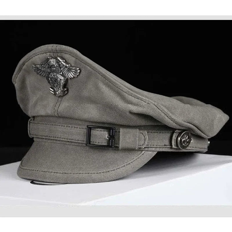 Gorra marinera retro con visera para hombres y mujeres, sombrero militar de lona para primavera, cinturón de águila gris, gorra de locomotora, 2024