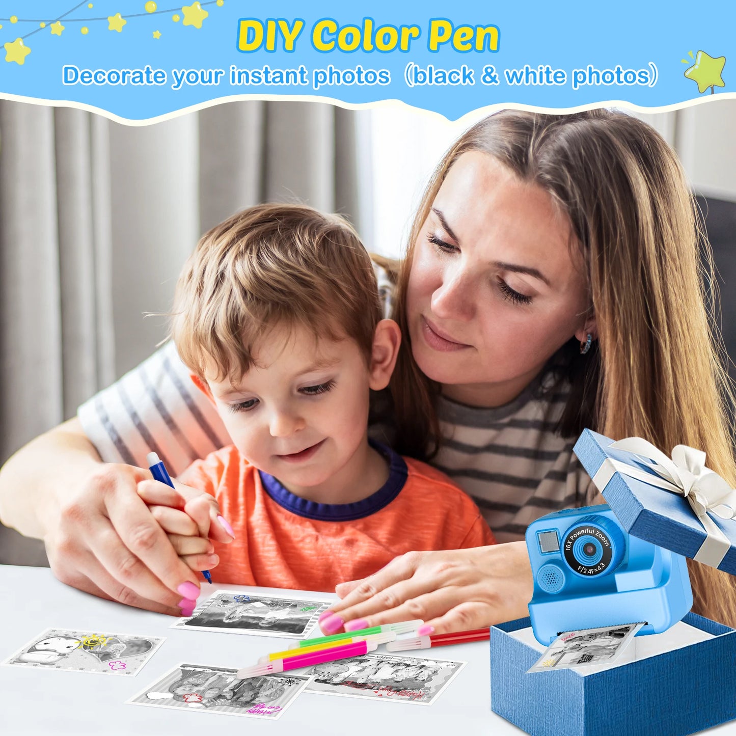 Nouvelle caméra pour enfants abeille caméra instantanée 1080P HD double objectif Selfie appareil photo numérique impression pour filles garçons cadeaux d'anniversaire de noël jouets