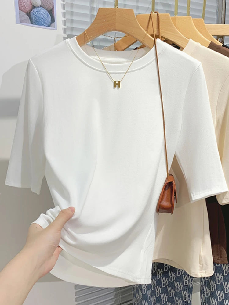 T-shirt femme 100% coton basique — col rond, tendance, uni, manches courtes, été 2026