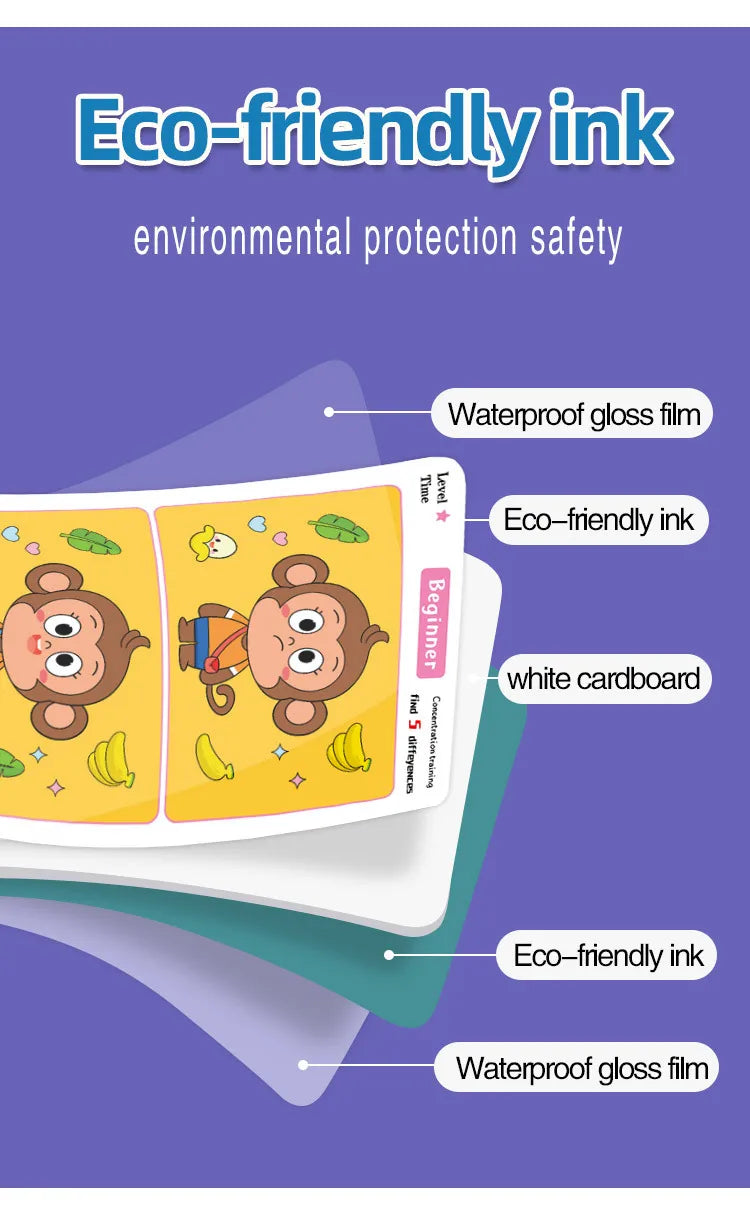 Trouver des différences Jeu de cartes Puzzle éducatif de dessin animé réutilisable pour enfants Trouvez des niveaux de difficulté pour la formation à l'attention de concentration