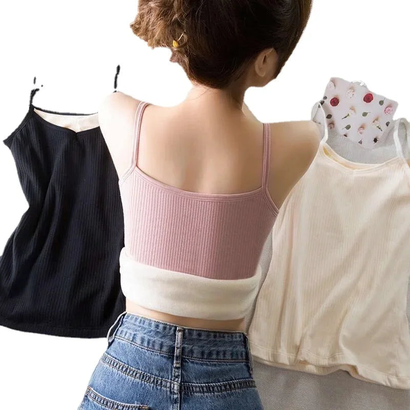 Women's Winter Warm Underwear Solid Color Thermal Casual Sleepwear Sexy Elasticity Women's Slim Velvet Sleeveless T-shirt Tops