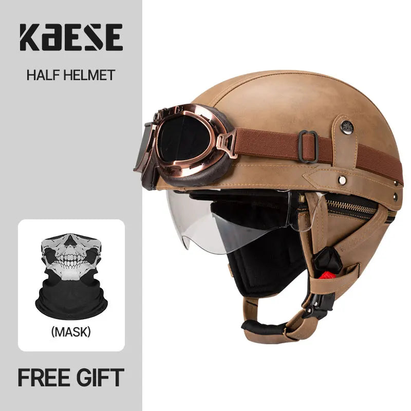 Casque Moto Demi-Visage Vintage DOT — Homme Femme Scooter Été Noir Marron