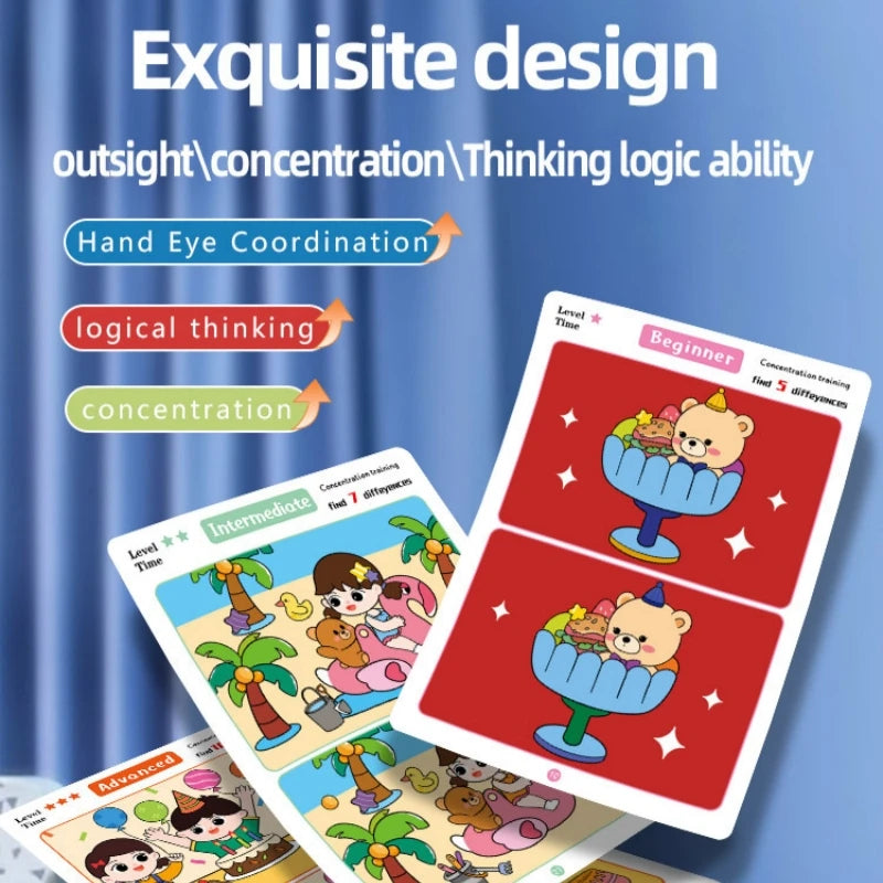 Trouver des différences Jeu de cartes Puzzle éducatif de dessin animé réutilisable pour enfants Trouvez des niveaux de difficulté pour la formation à l'attention de concentration