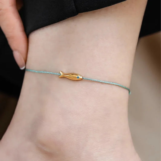 Pulsera de cuentas de oro, amuleto de la suerte, adorno de pez, accesorios de pie pesados, regalo para amigos, cuerda verde, simple, personalidad