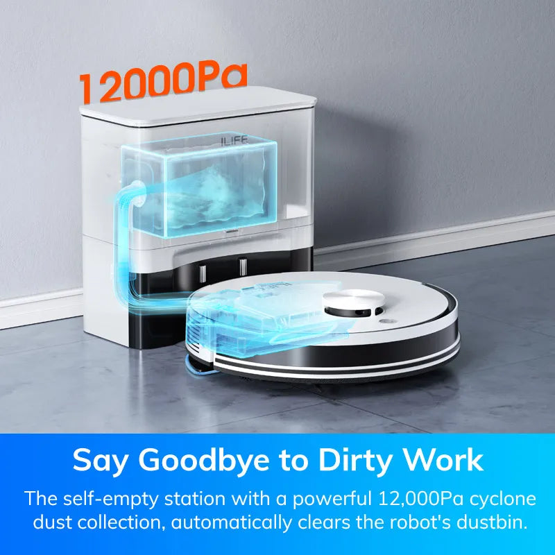 ILIFE-Robot aspirador A30 PRO, succión de 5000Pa, autovaciado, capacidad de 60 días, aplicación, control remoto, tiempo de funcionamiento de 180 minutos