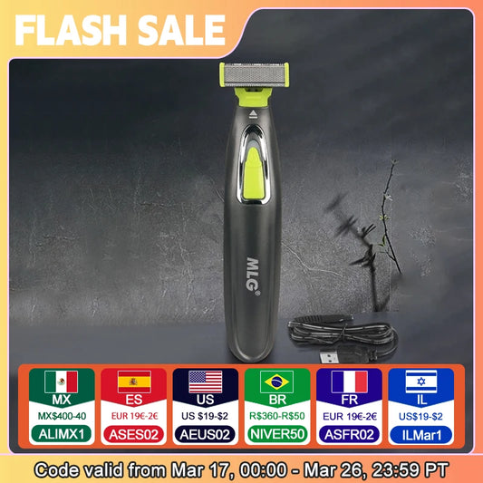 MLG Electric Shaver for Men and Women, Portable Whole Body Trimmer, USB, T-Blade, Beard, Armpit, Washable Razor