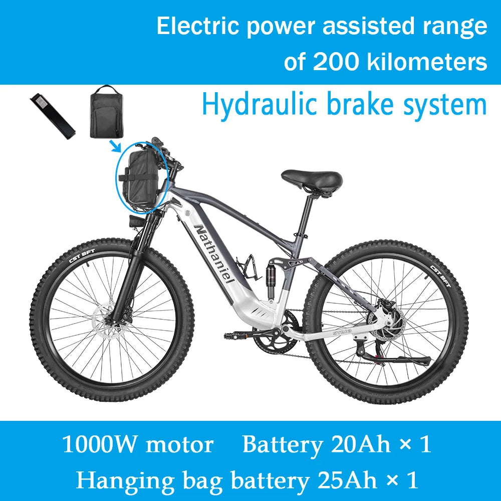 Nathaniel E-Bike, 1000W Brushless Motor, 27.5 Inch Adult Electric Mountain Bike, 45Ah Large Capacity Batteries, 7 Speed, 45KM/H, Outdoor Travel Bike
