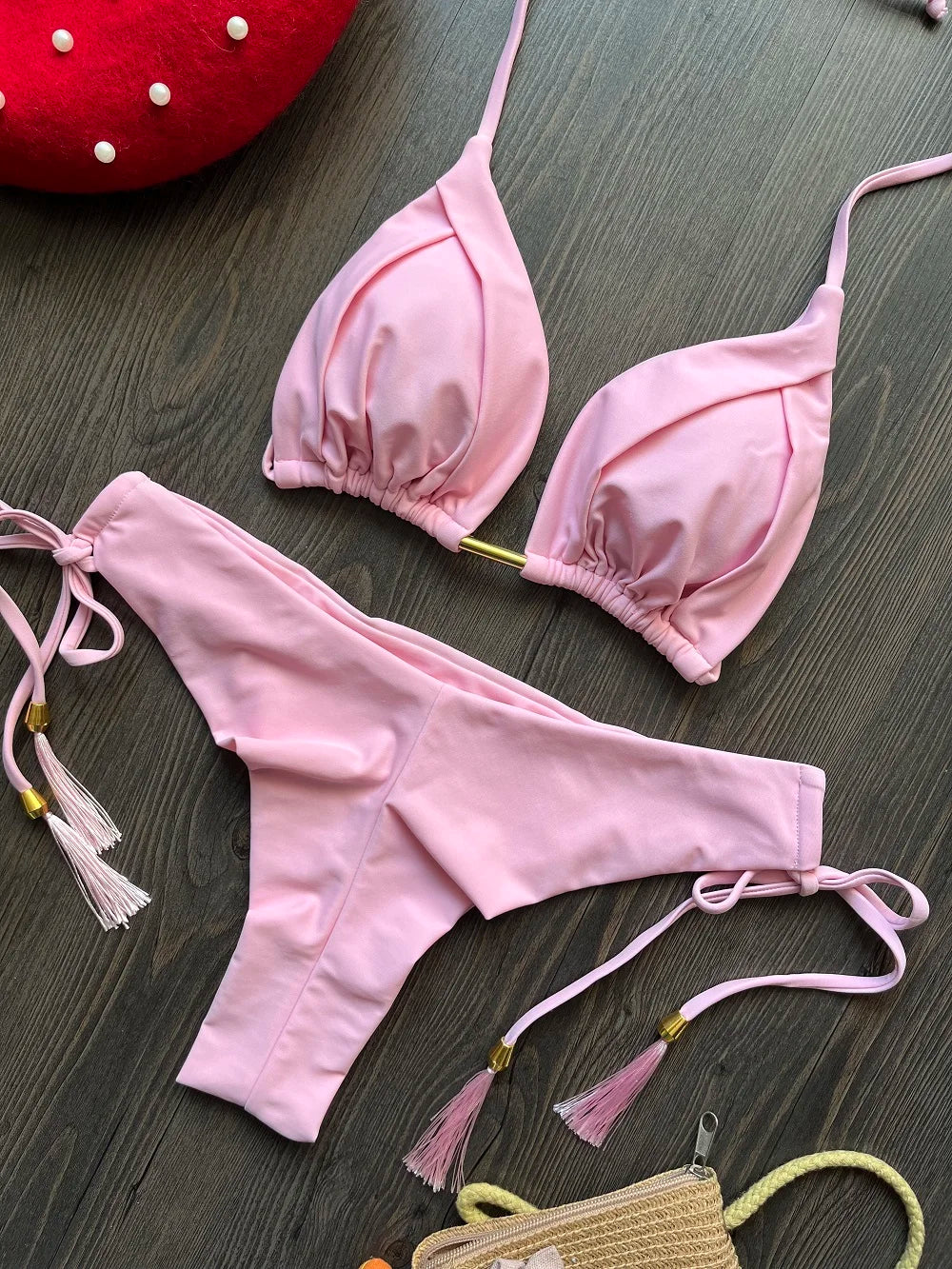 2025 nouveau Triangle Sexy maillot de bain pour femmes Bikinis brésiliens licou maillots de bain Push Up maillot de bain chaîne en métal plage Bikini ensemble