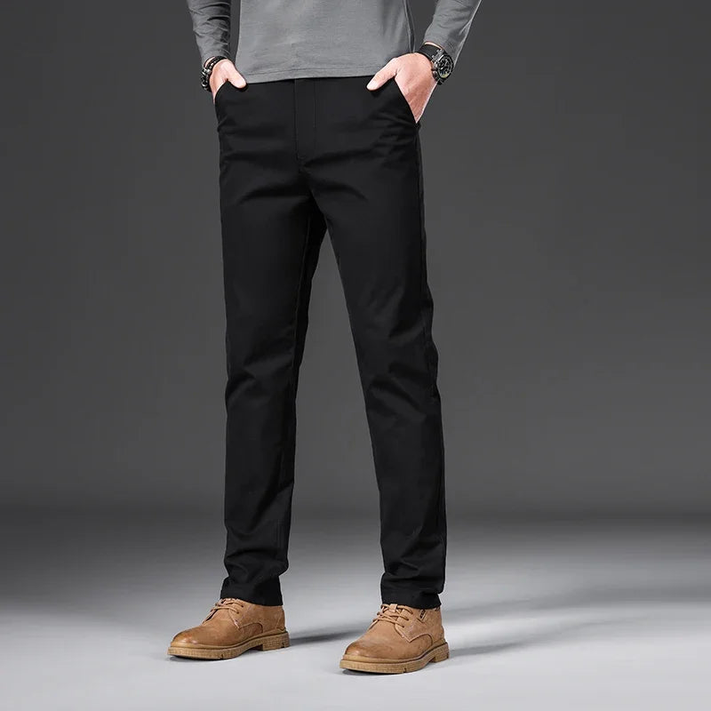 Pantalones casuales para hombre, 97% algodón, moda de otoño, cómodos, elásticos, ajustados, rectos, de negocios, negro, verde militar, caqui