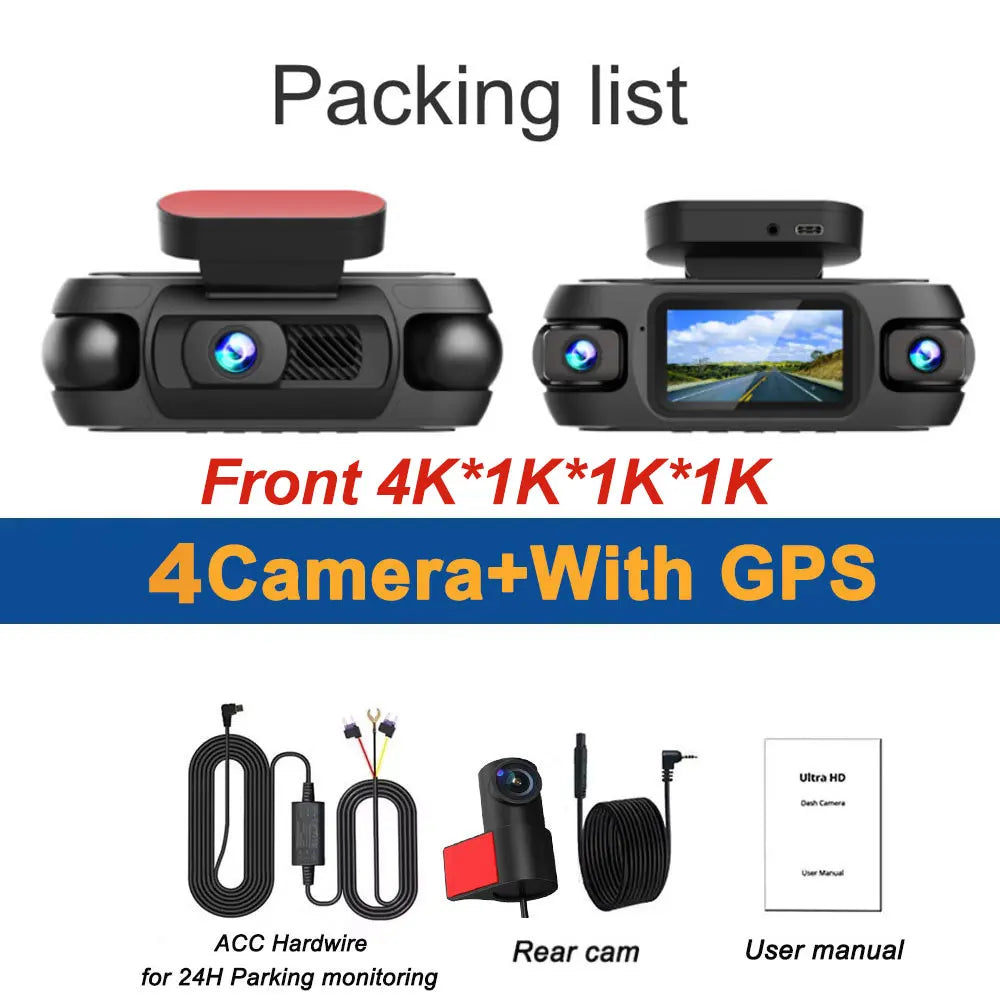 Dashcam 4K 4 Canaux 360° — WiFi GPS Vision Nocturne Avant Arrière Gauche Droite