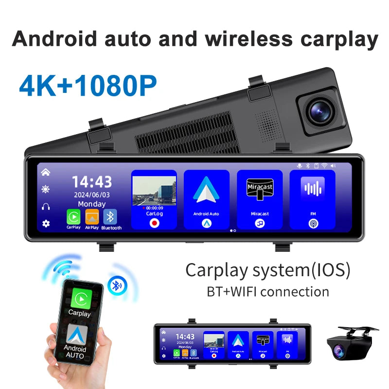 Dashcam Rétroviseur 4K — Carplay Sans Fil Android Enregistrement 24H Stationnement