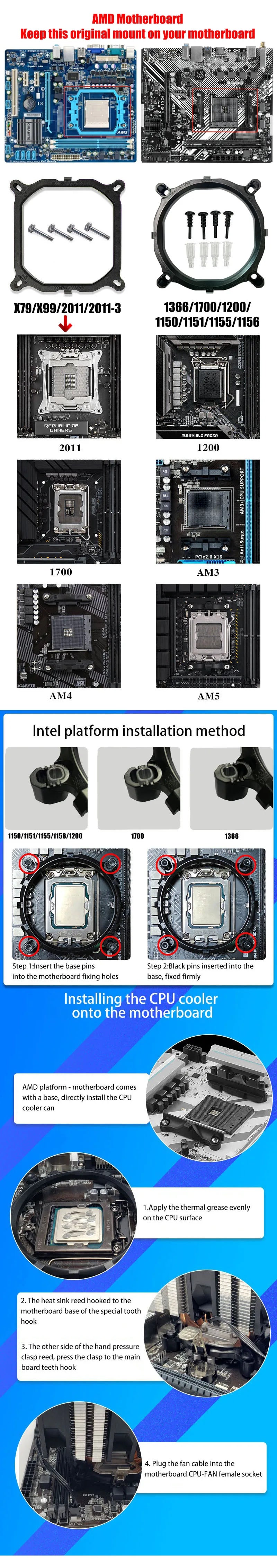 Ventilateur de refroidissement pour processeur Intel, refroidisseur d'air CPU, X79, X99, 3 broches, 4 broches, PWM, LGA 1366, 1151, 1155, 1200, 1700, 2011, AMD, AM3, AM4, AM5