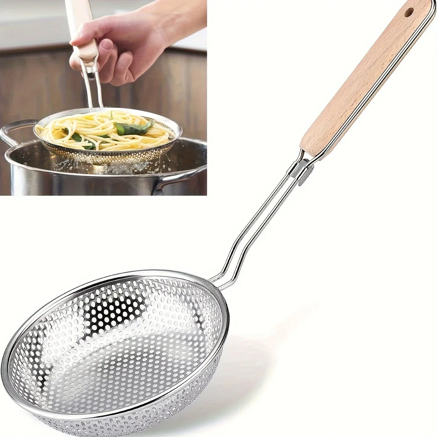 Passoire en acier inoxydable avec manche en bois, écumoire à mailles fines, cuillère pour la cuisson, préparation des aliments, filtrage de graisse pour pâtes et nouilles