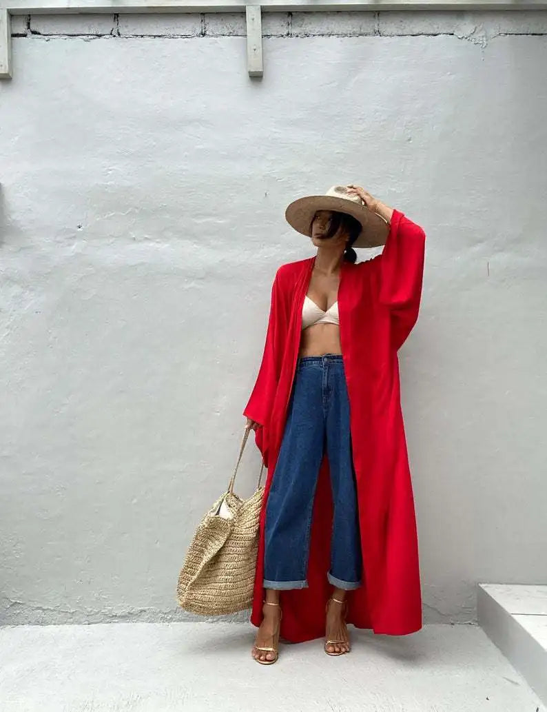 Robe de Plage Longue avec Ceinture pour Femme, Kimono Sexy, Cardigan d'Été, 5 Couleurs Unies