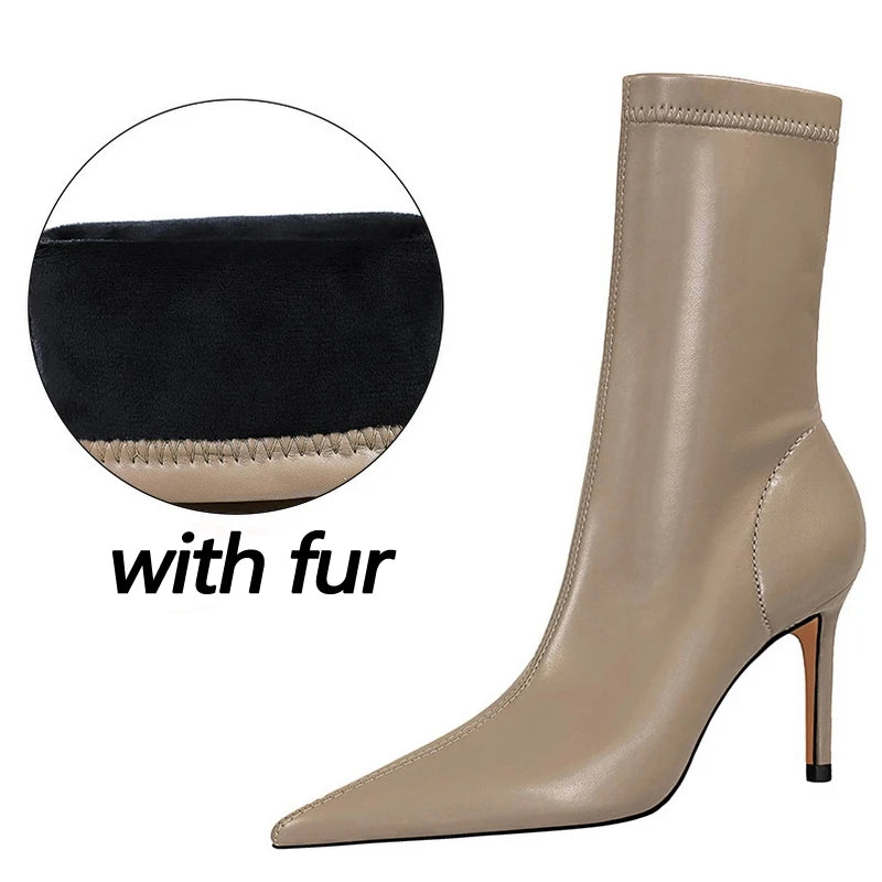 BIGTREE Women's High Heel Leather Boots, Short Ankle Boots, Rinse Shoes, Autumn and Winter