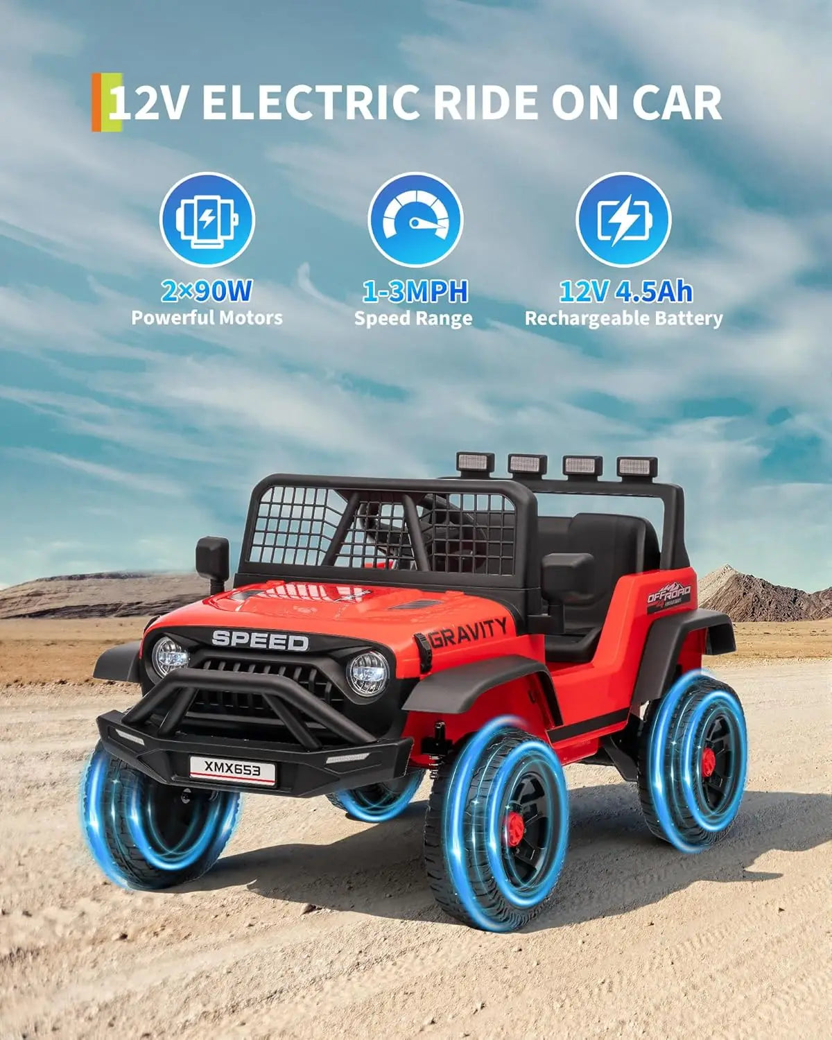 Coche camión para niños de 12V con control remoto parental, 3 velocidades, freno de emergencia, luces LED, música y bocina, vehículos eléctricos para niños