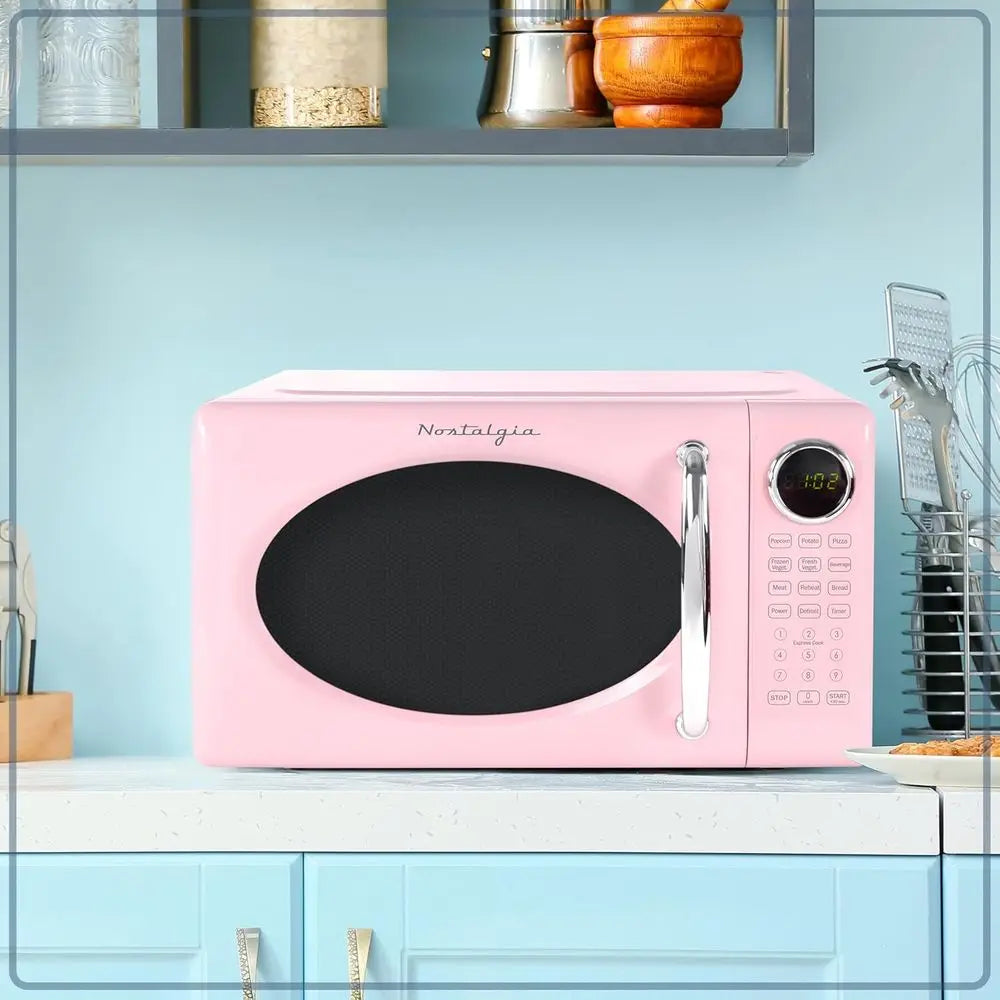 Microondas compacto de 0,7 pies cúbicos y 700 W con plato giratorio de vidrio, bloqueo de seguridad para niños, 8 programas de cocción automática, reloj digital - Rosa
