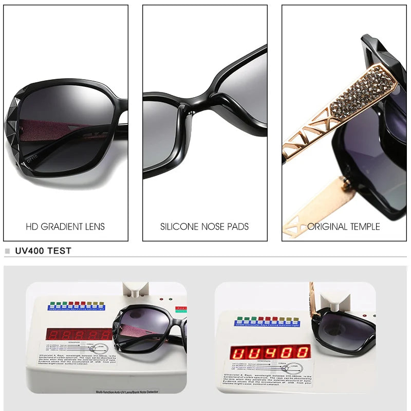 Lunettes de soleil femme polarisées — carré, dégradé, rose miroir, surdimensionné, élégant