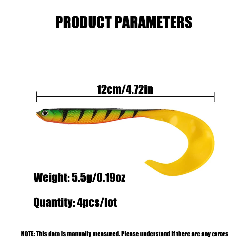 4 pièces/lot appâts de ver souples, appâts de bar à longue queue, leurre de pêche réaliste 4 pièces leurre de pêche Wobblers de gabarits 12.5cm 55g Shad t-tail