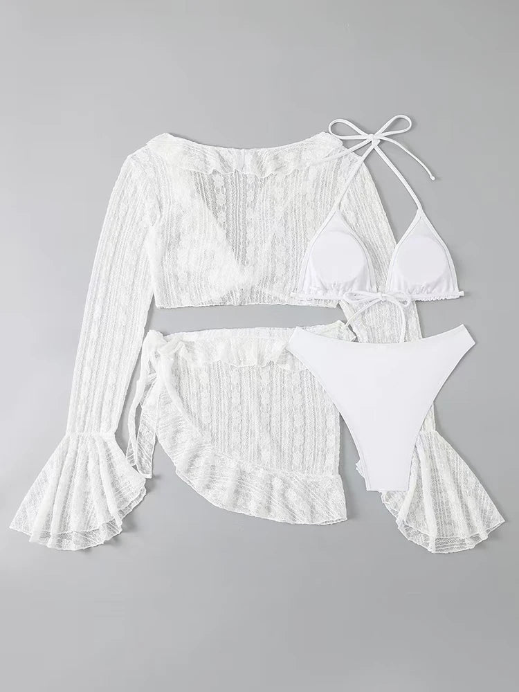 Maillot de bain sexy quatre pièces pour femme 2026, ensemble bikini uni à manches longues avec paréo, tenue de plage brésilienne pour l'été et les fêtes